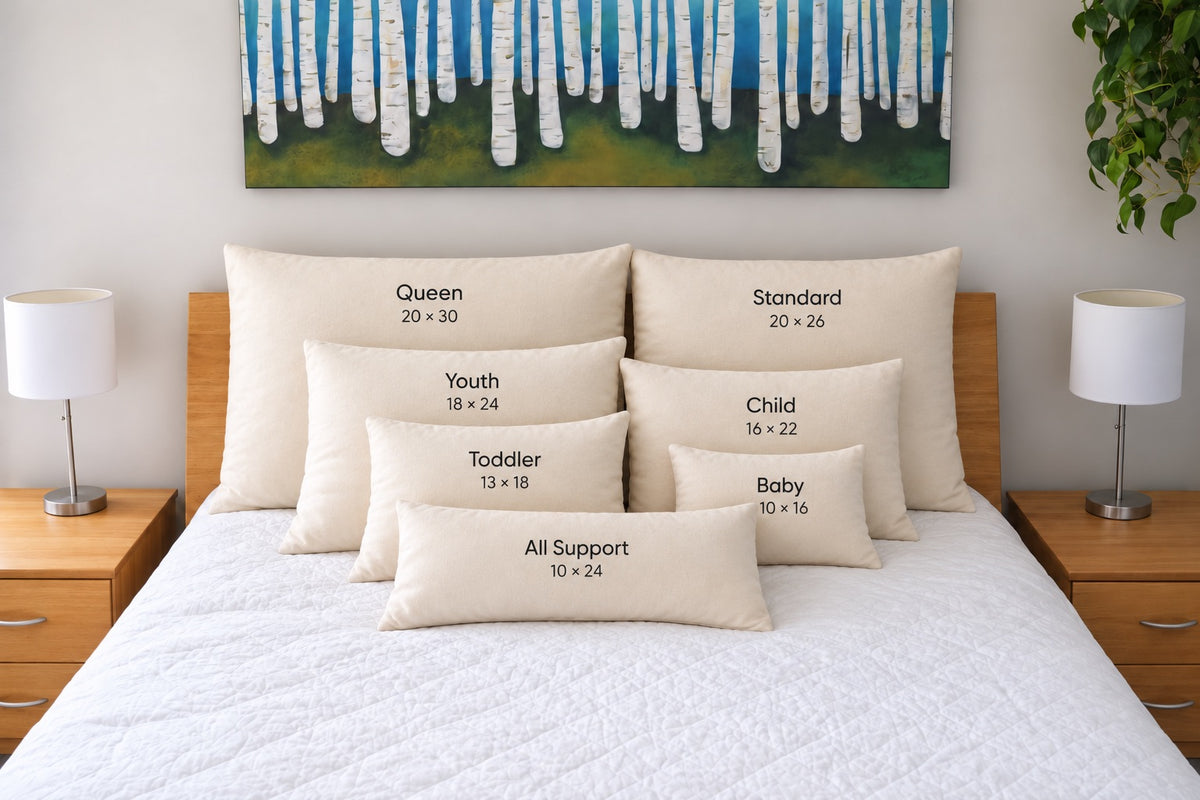 Seven USA-made organic cotton pillows arranged on a bed, labeled by size from baby through queen, including the 10x24 All Support pillow.