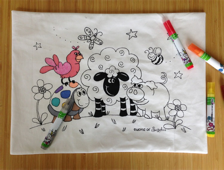 Coloring on a 100% woven percale cotton toddler pillowcase by A Little Pillow Company. Design by The World of SusyBee