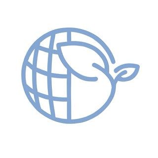 Blue icon of a globe with a leaf on a white background
