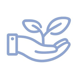 Icon of a hand holding a sprout, symbolizing care and growth.