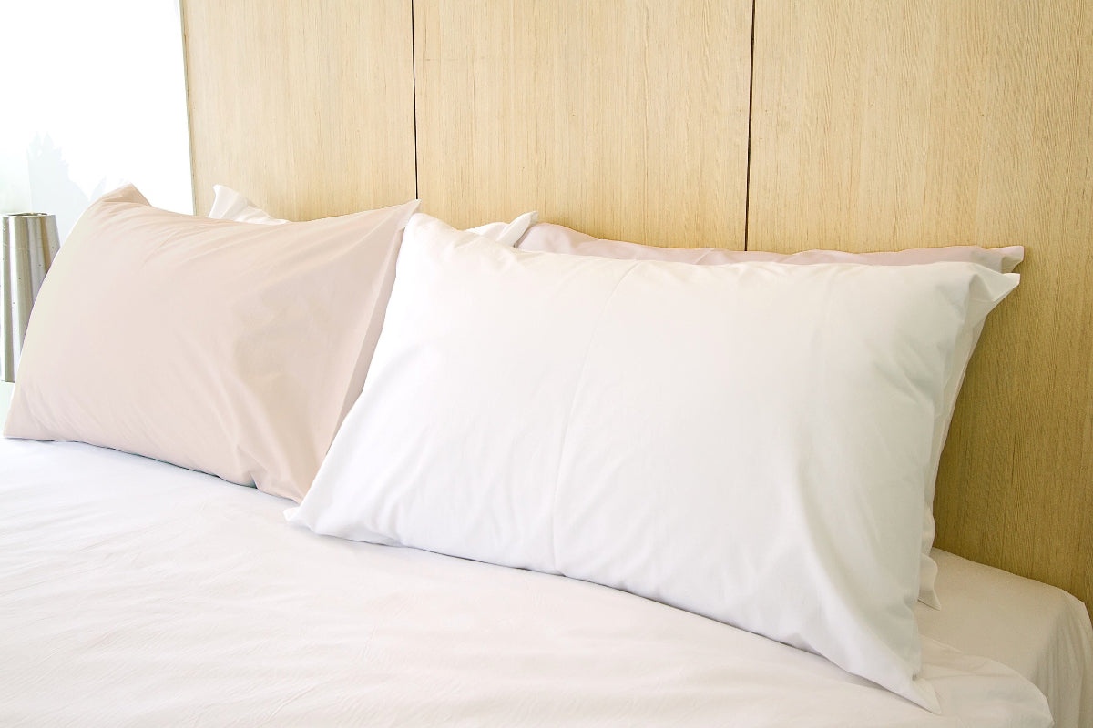 Two white and natural cotton queen size pillowcases by A Little Pillow Company 100% USA Made with Texas-grown organic cotton 